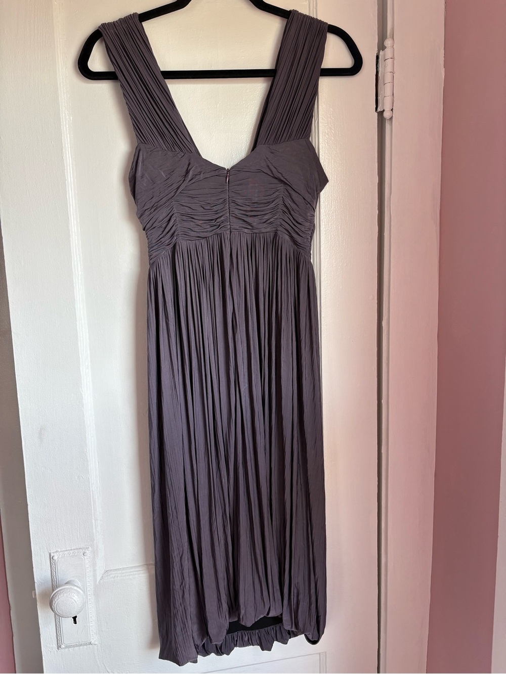 BURBERRY Italy Pleated Ruched V-Neck Midi Dress Grey Purple IT 42 US 6/8 - Picture 9 of 12